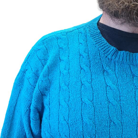 Vntg 1980s Perry Ellis Mens Turquoise Silk Cotton Cable Knit Fisherman Sweater - Picture 7 of 8